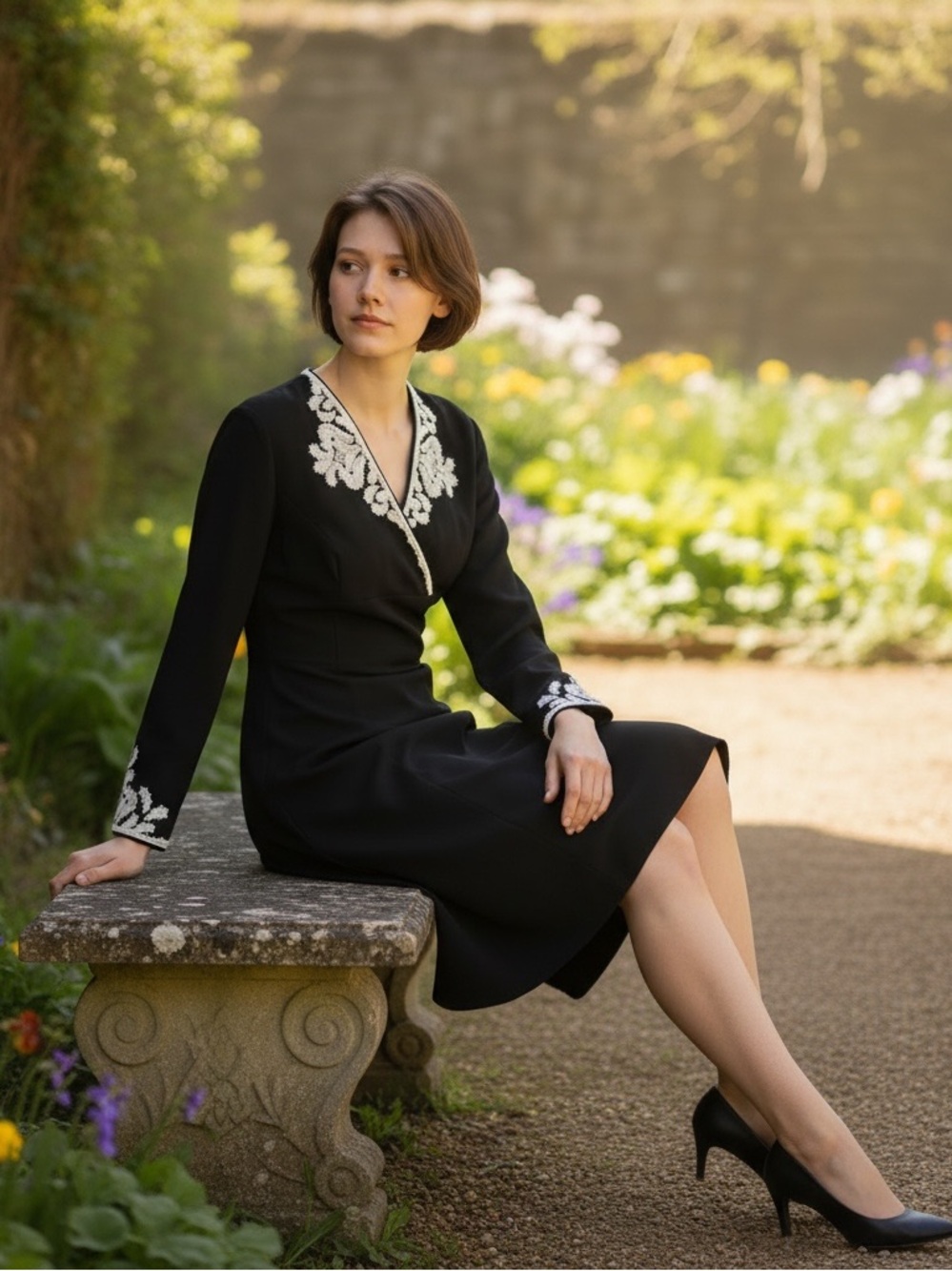 MAGGY LONDON Vint RARE 80s A-line Bell Sleeve V-Neck Dress Sz 6 Embroidered NWOT - Picture 3 of 12